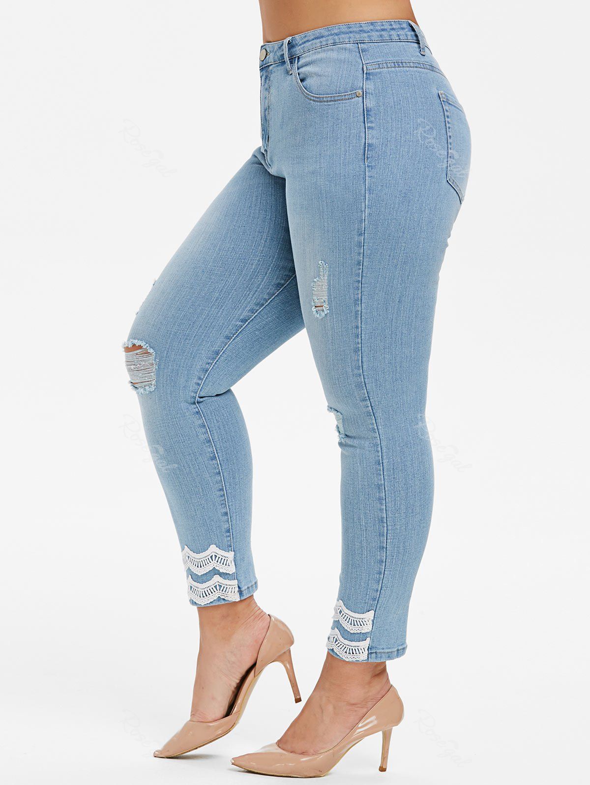 

Plus Size Lace Trim Skinny Ninth Ripped Jeans, Jeans blue