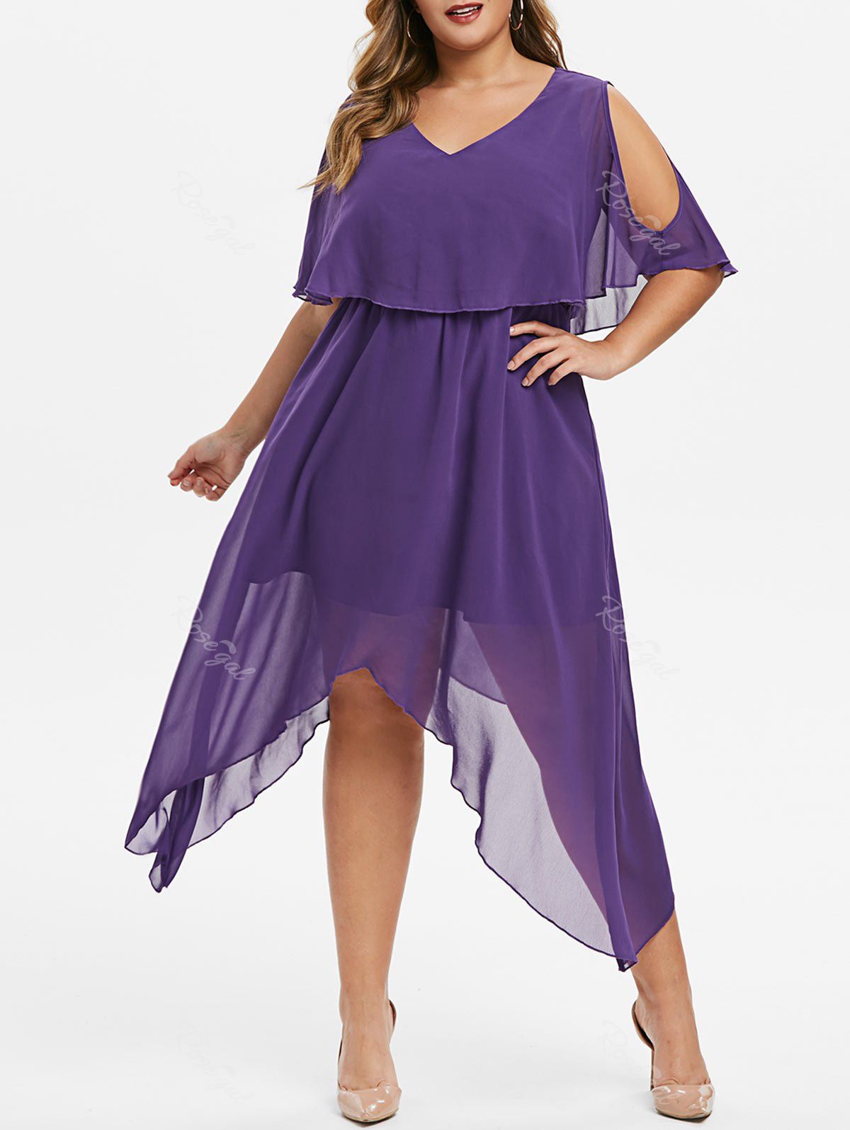 

Plus Size Hanky Hem Cold Shoulder Popover Dress, Purple