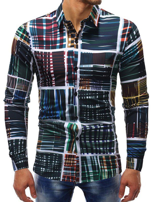 

Plaid Graphic Print Turn Down Collar Long Sleeve Shirt, Green