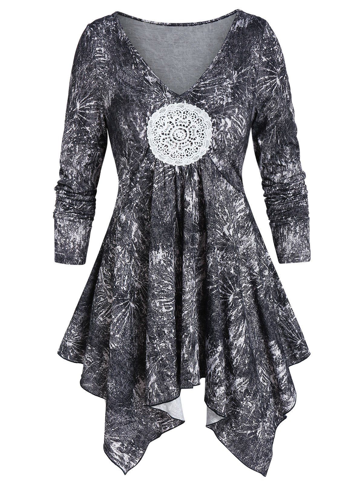 

V Neck Printed Asymmetrical T Shirt, Multi