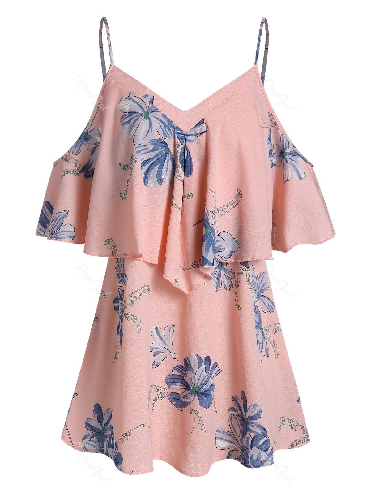 

Plus Size Spaghetti Strap Cold Shoulder Printed Blouse, Pig pink