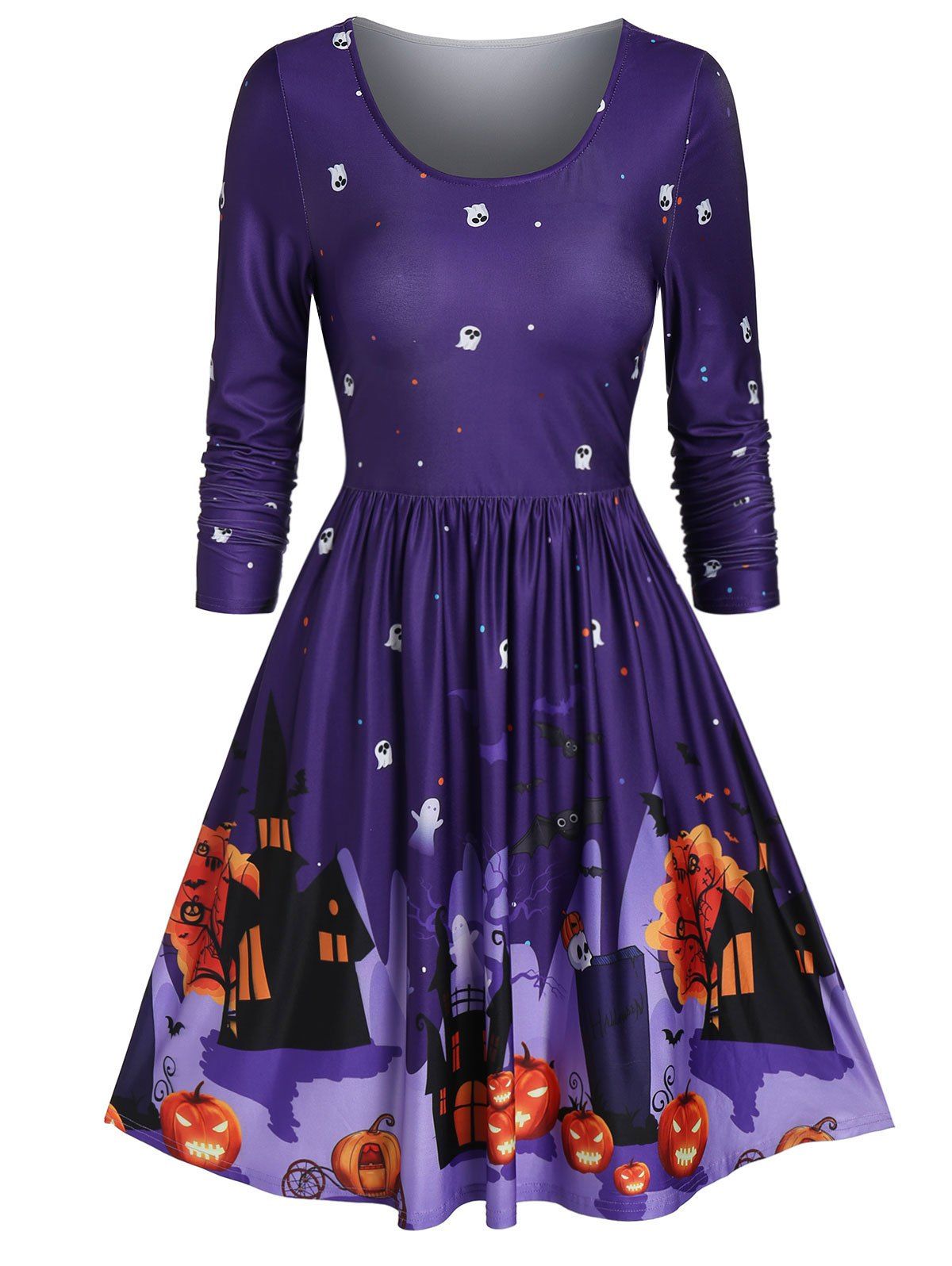 

Halloween Printed Long Sleeve A Line Dress, Purple iris