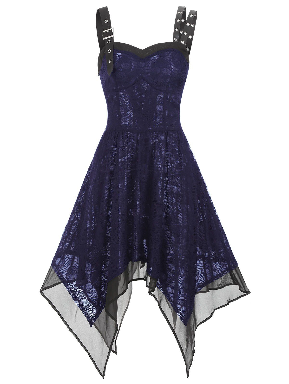 

Lace Buckle Grommet Asymmetrical Handkerchief Dress, Cadetblue