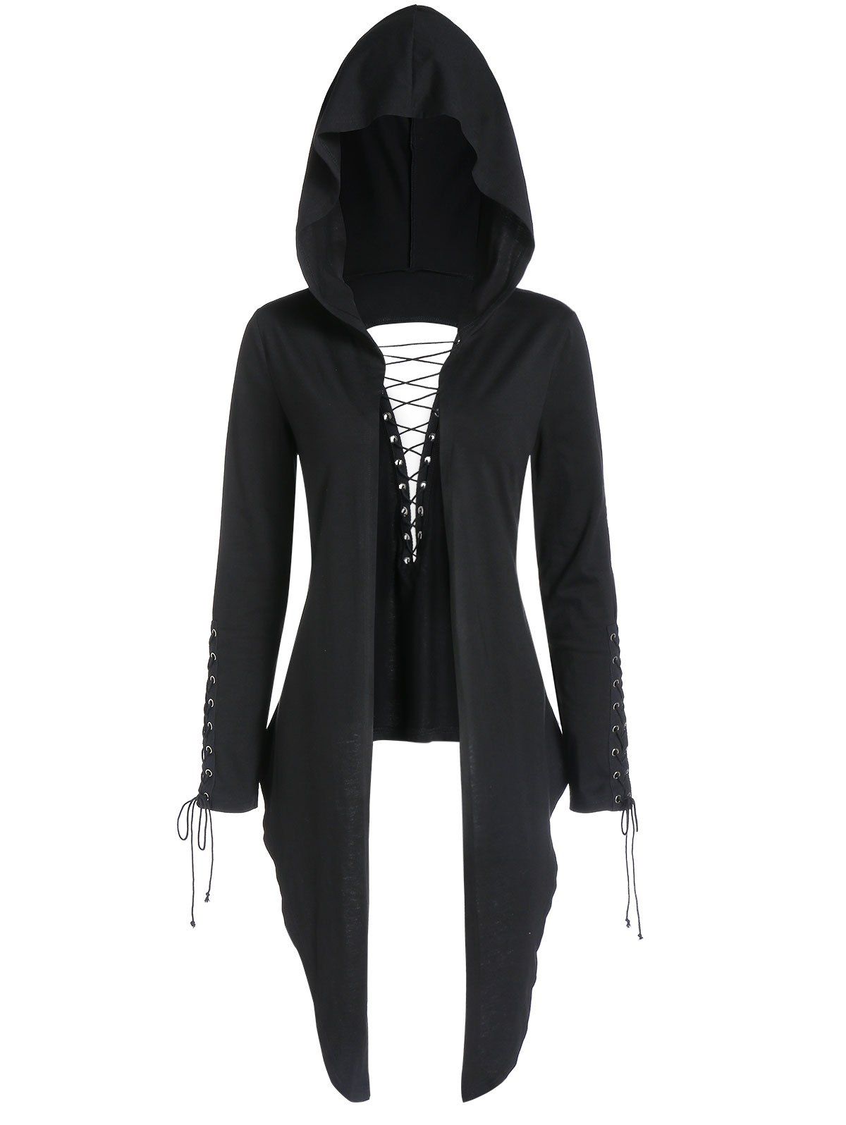 

Hooded Lace Up Asymmetrical Long Sleeve Cardigan, Black