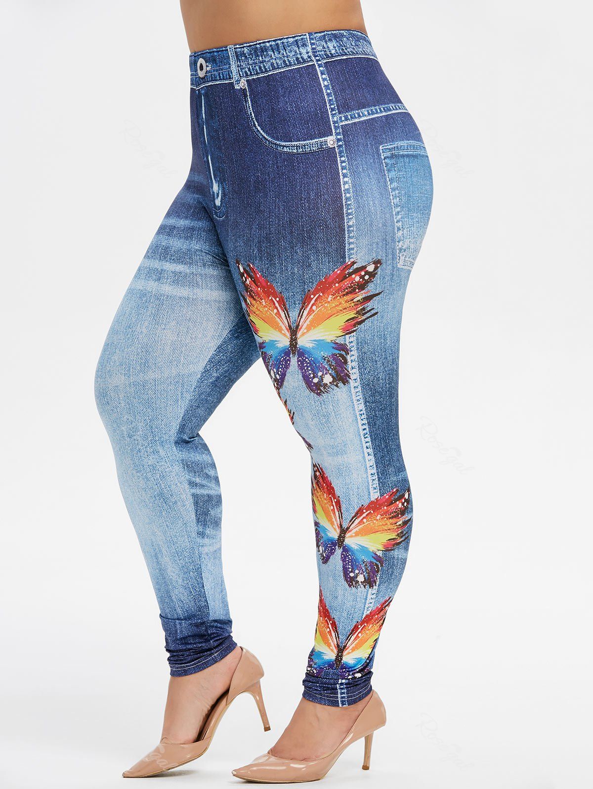 

Plus Size Skinny Butterfly Print Jeggings, Blue gray