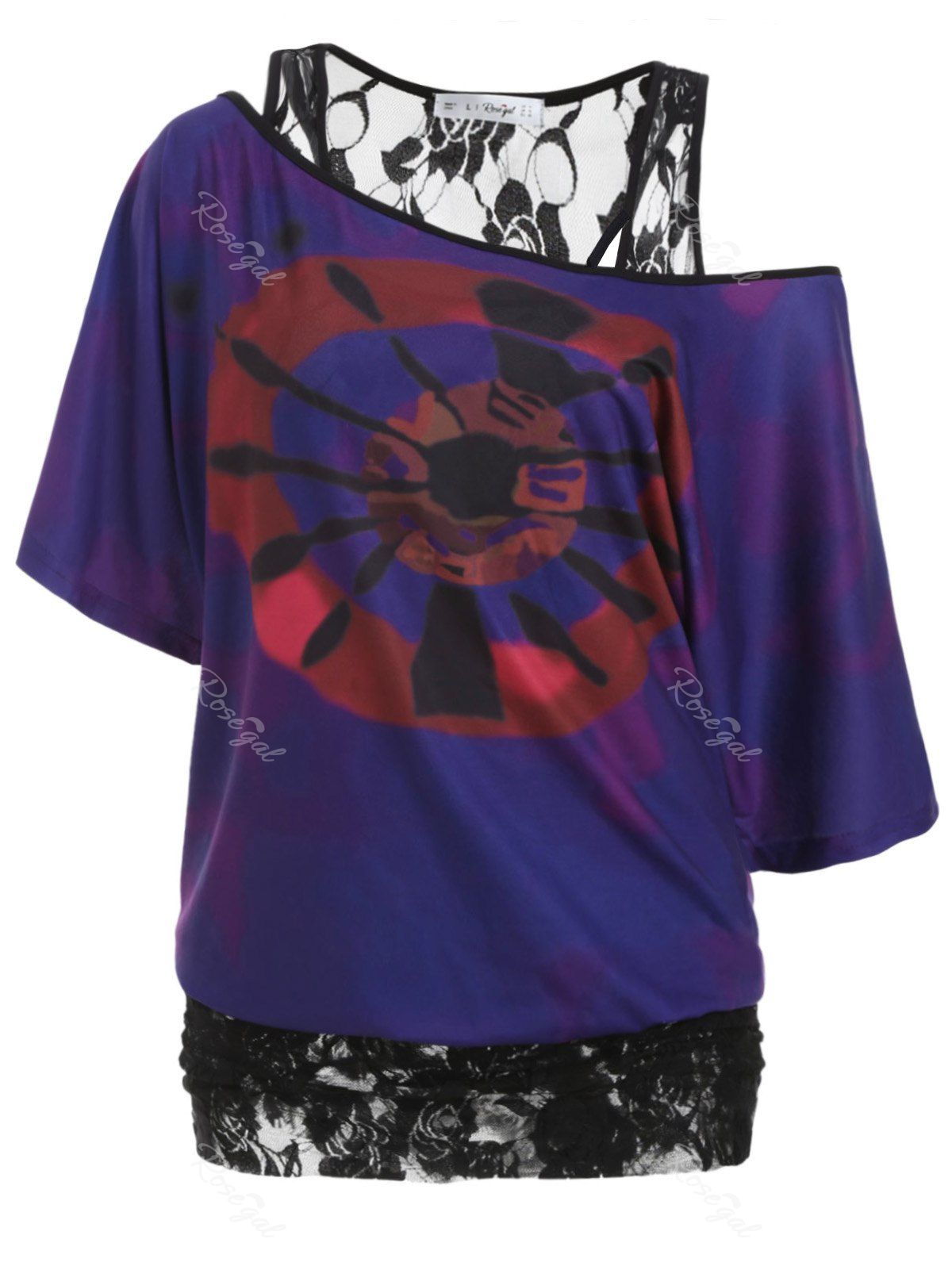 

Batwing Printed Lace Panel Cold Shoulder Plus Size Top, Purple