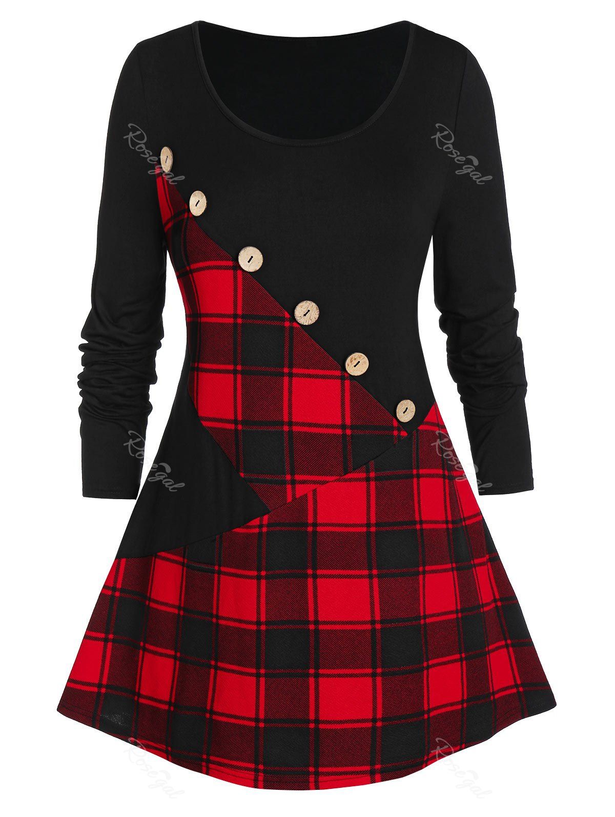 Plus Size Checked Panel Round Collar Tunic T Shirt, Black