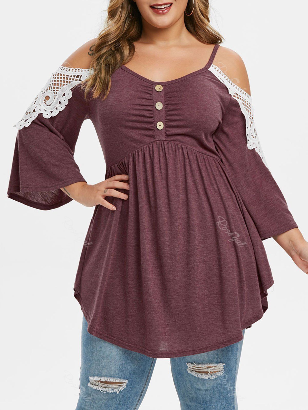 

Plus Size Cold Shoulder Contrast Lace Peplum T-shirt, Firebrick