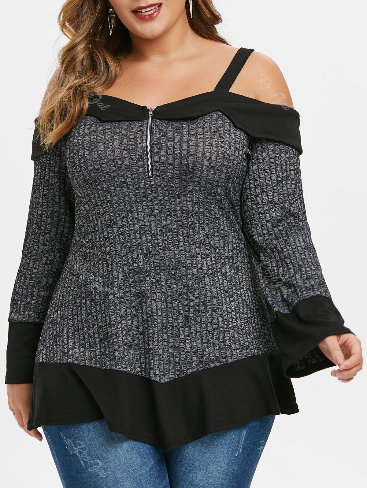 [48% OFF] Plus Size Cold Shoulder Contrast Tunic Sweater | Rosegal