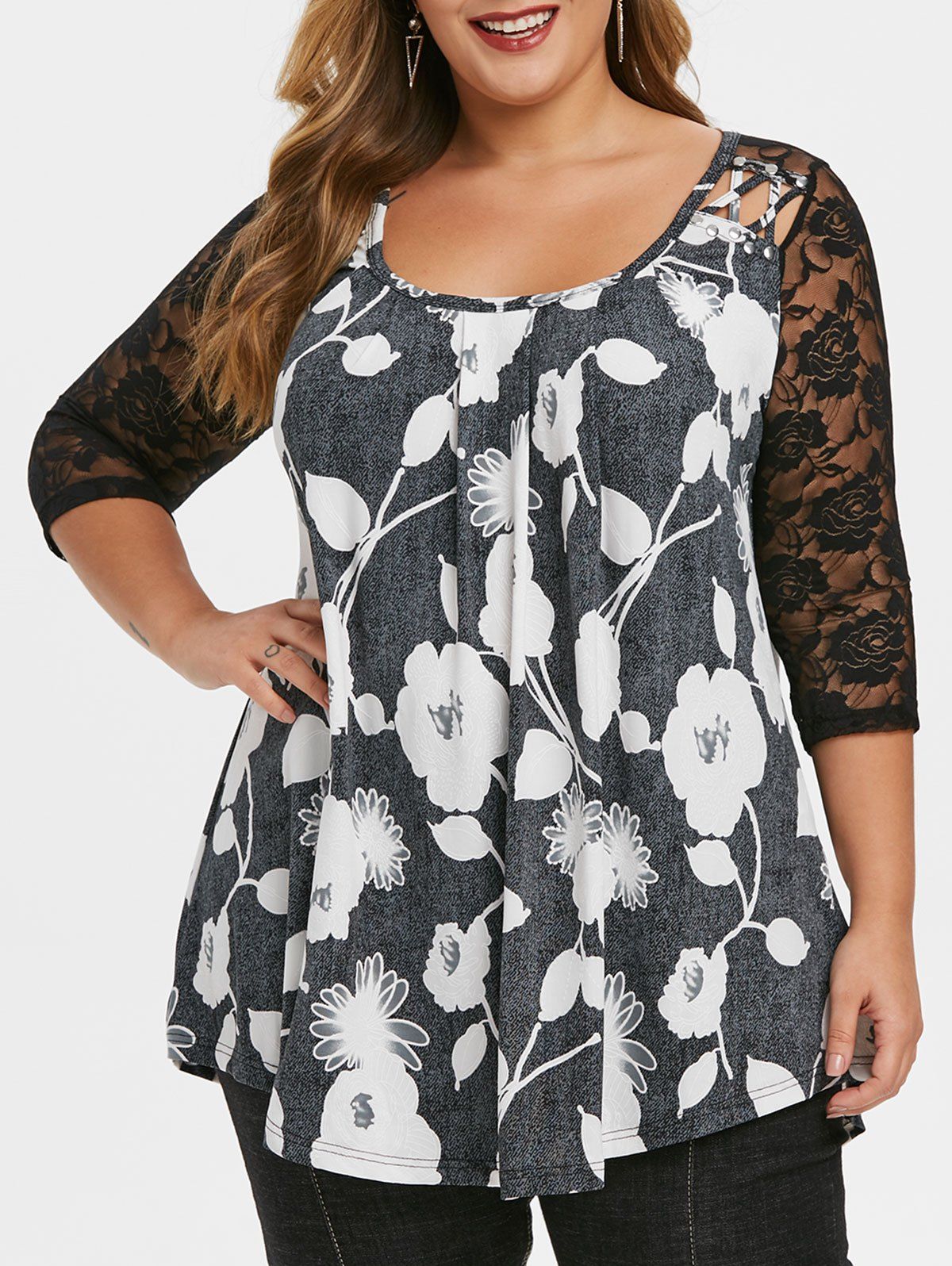 

Plus Size Floral Print Lace Panel Tunic T Shirt, Dark slate grey