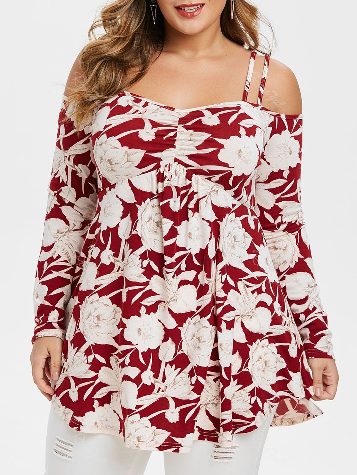 

Plus Size Floral Print Cold Shoulder T Shirt, Red wine