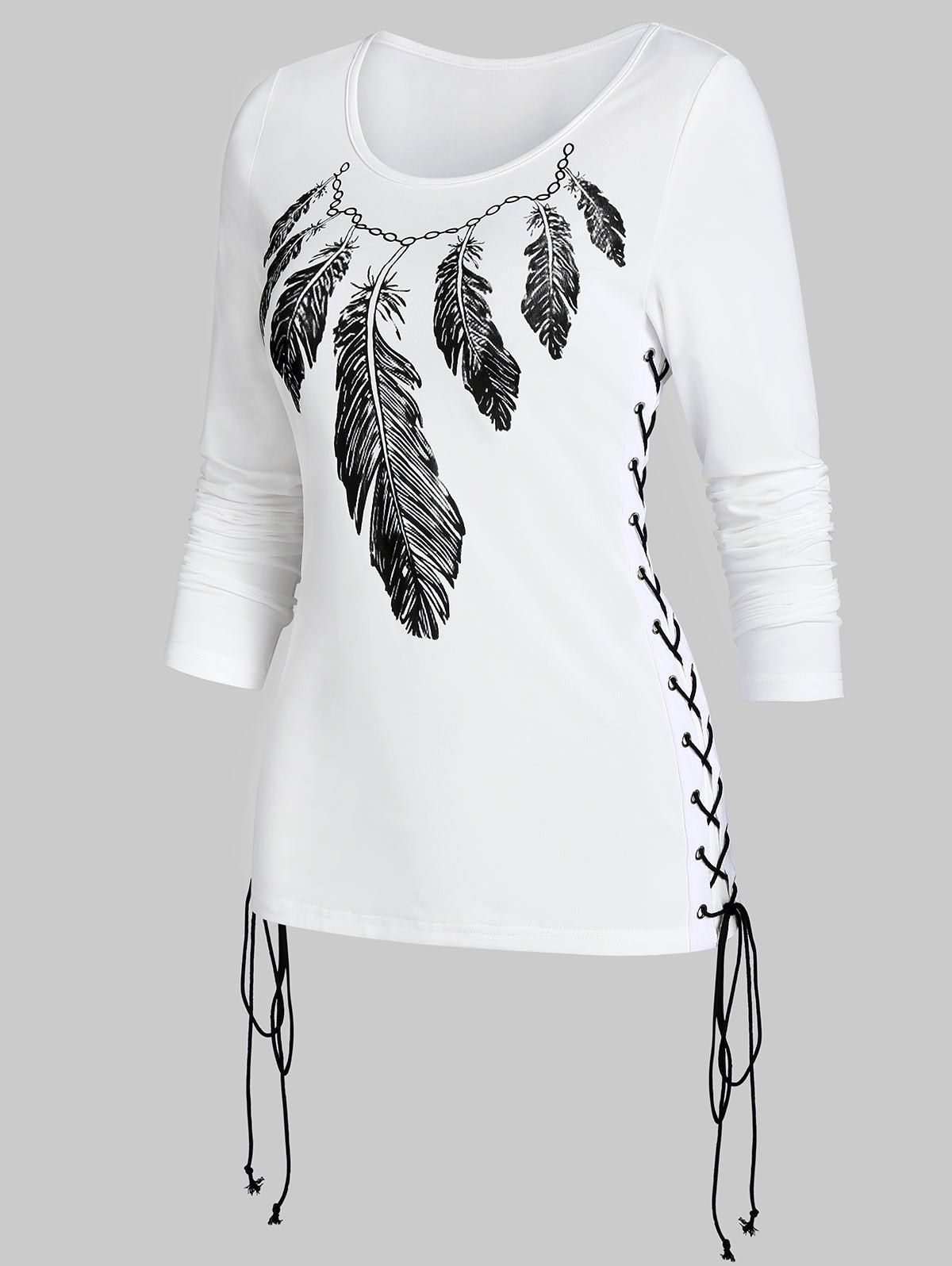 

Feather Print Lace Up Long Sleeve T Shirt, White