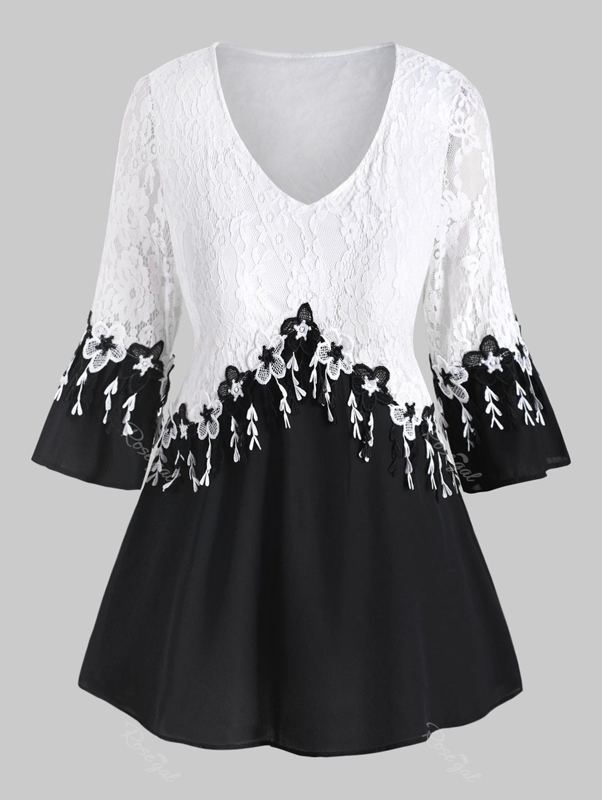

Plus Size V Neck Flower Lace Insert Flare Sleeve Blouse, Black