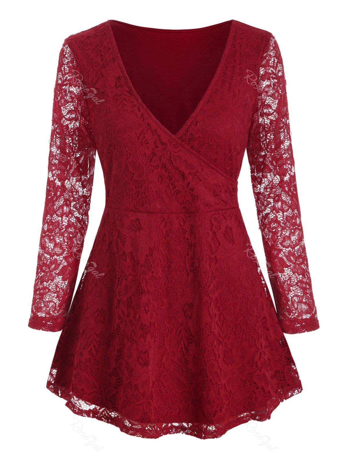 

Plus Size Plunge Lace Peplum Blouse, Red wine