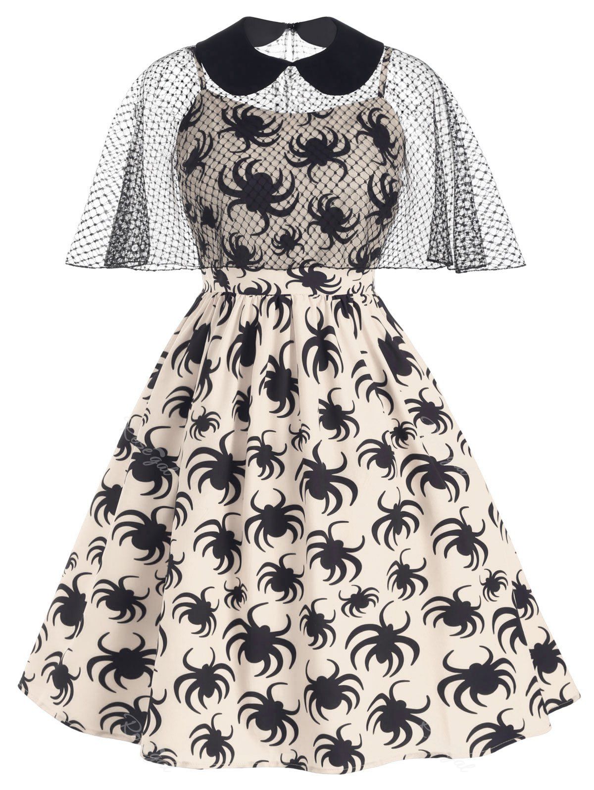 

Halloween Spiders Print Plus Size Cami Dress With Cape Top, Warm white