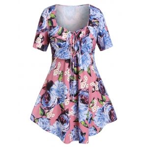 

Plus Size Tunic Ditsy Print Sweetheart Neck T Shirt, Pink