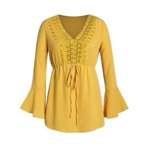 

Plus Size Crochet Panel Flare Sleeve Tie Tunic Blouse, Goldenrod