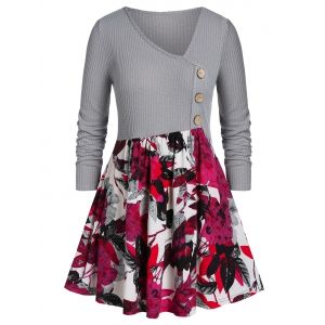 

Plus Size Floral Print Button Skew Neck Sweater, Dark gray