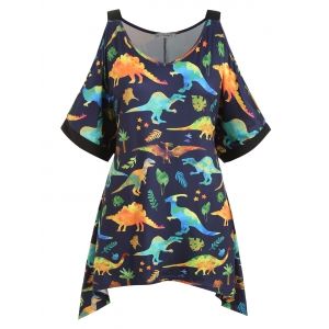 

Plus Size Dinosaur Print Asymmetrical Cold Shoulder Tunic, Midnight blue