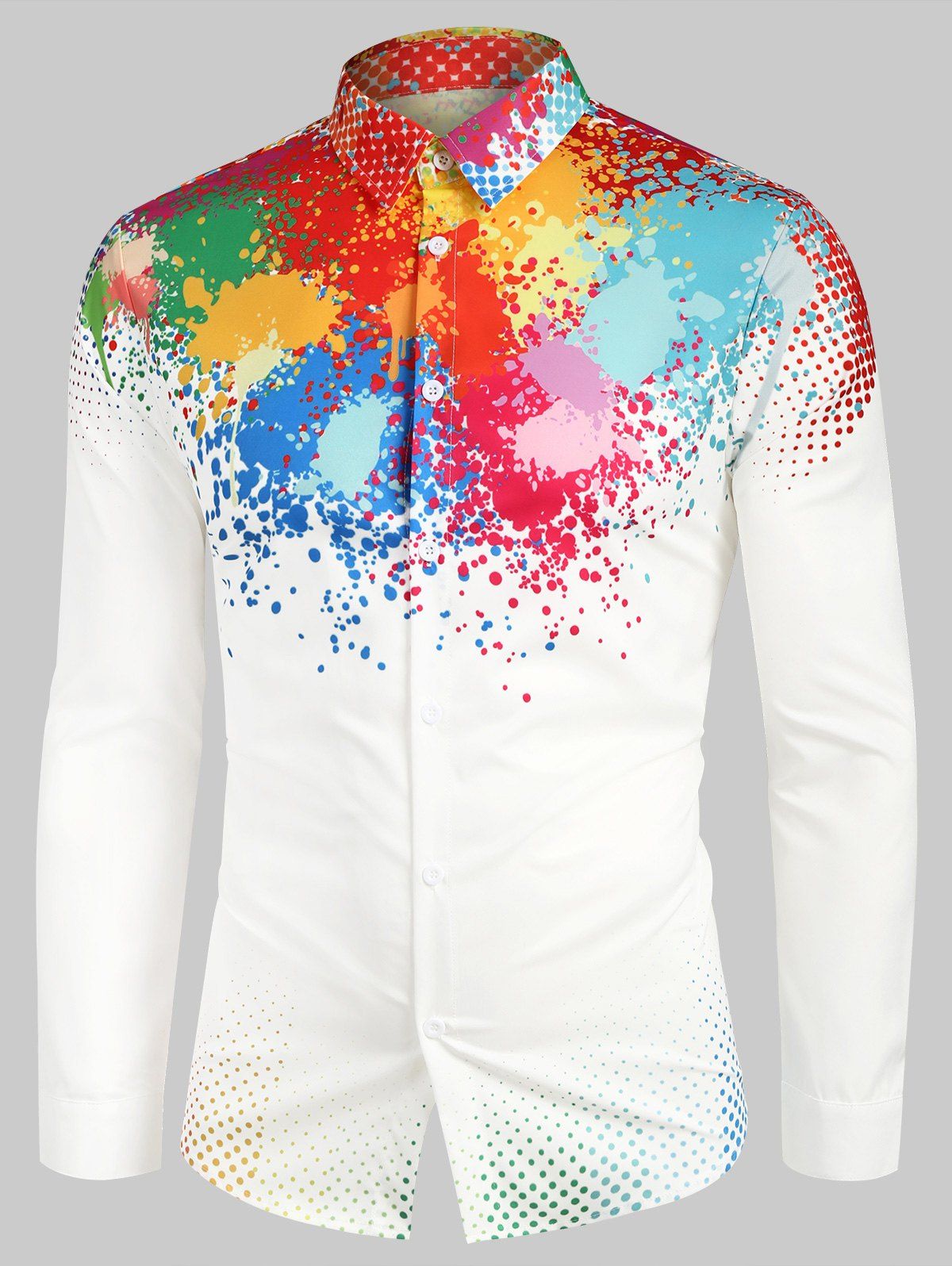 

Colorful Splatter Painting Polka Dots Print Casual Shirt, White