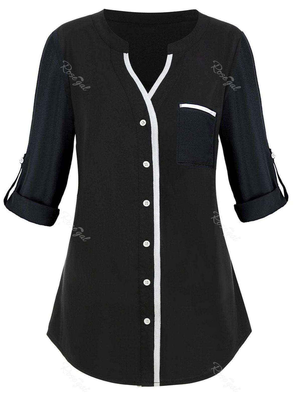 

Contrast Button Up Front Pocket Plus Size Shirt, Black