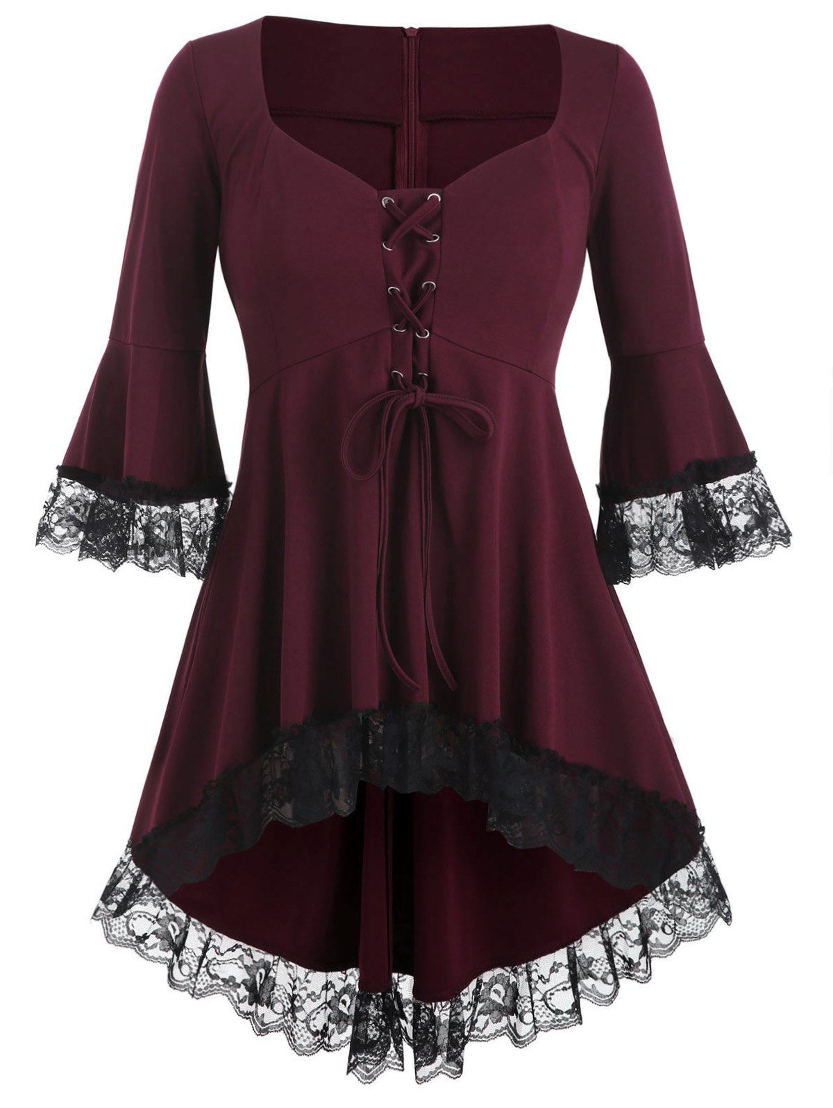 

High Low Lace Panel Lace Up Plus Size Blouse, Red wine