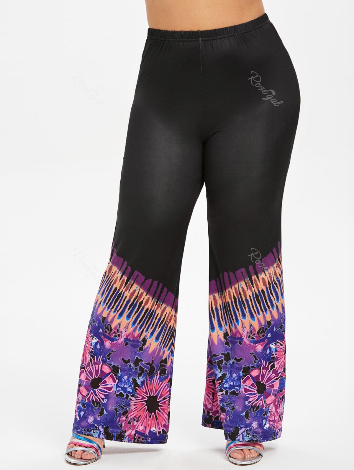 

High Waisted Printed Boot Cut Plus Size Pants, Black