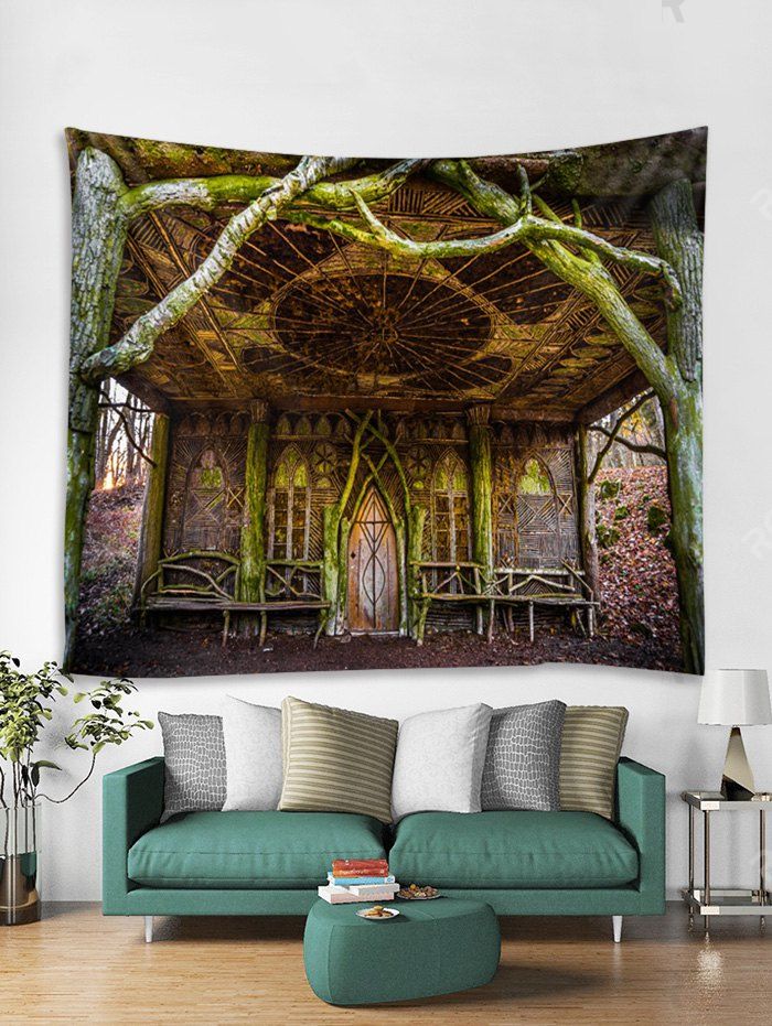 

Dead Tree House Print Tapestry Wall Hanging Art Decoration, Dark goldenrod