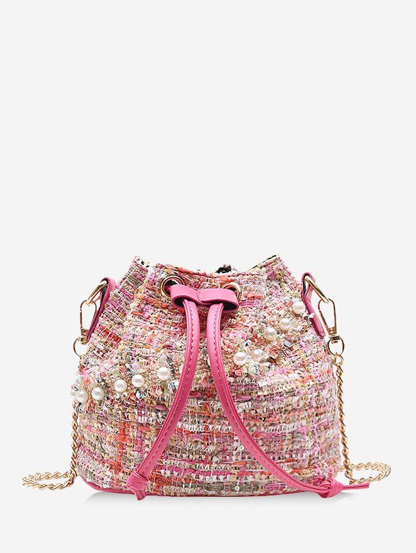 

Faux Pearl Drawstring Tweed Bucket Bag, Pink