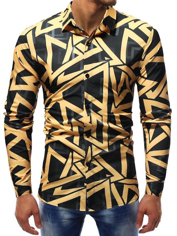 

Geometric Graphic Allover Print Turn-down Collar Shirt, Black