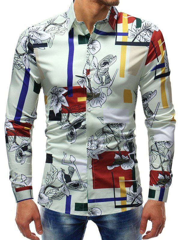 

Flower Geometric Print Button Down Casual Shirt, Multi