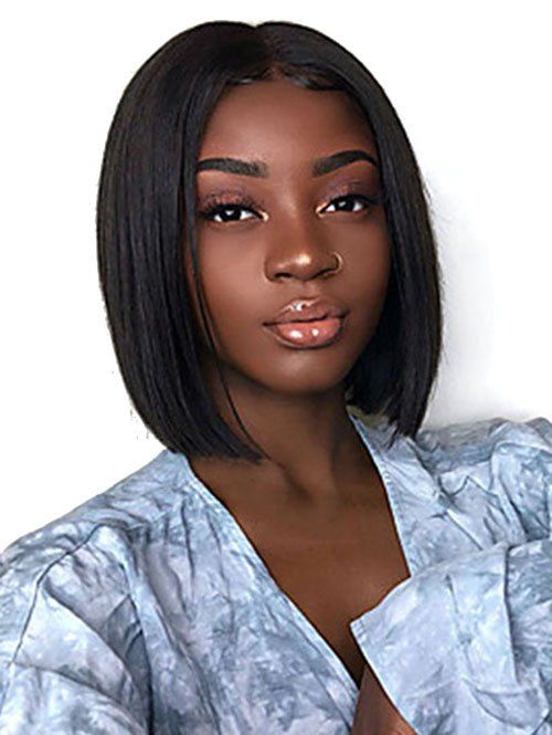 Center Part Straight Medium Human Hair Wig with Lace Front