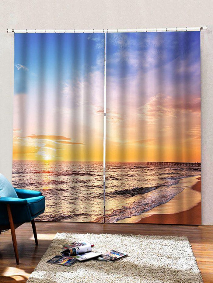 

2 Panels Beach Sunset Print Window Curtains, Multi