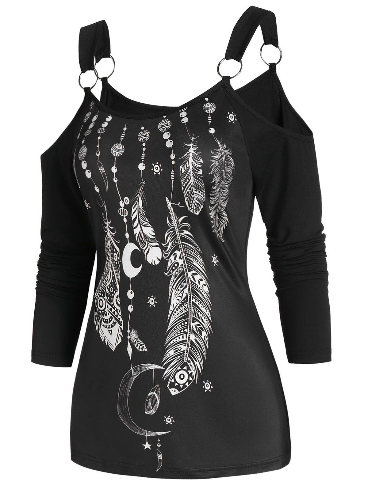 

Feather Print Cold Shoulder Long Sleeve T Shirt, Black