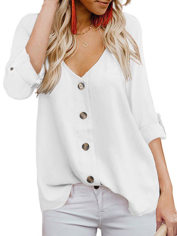 Low Cut Button Up Roll Up Sleeve Blouse [34% OFF] | Rosegal