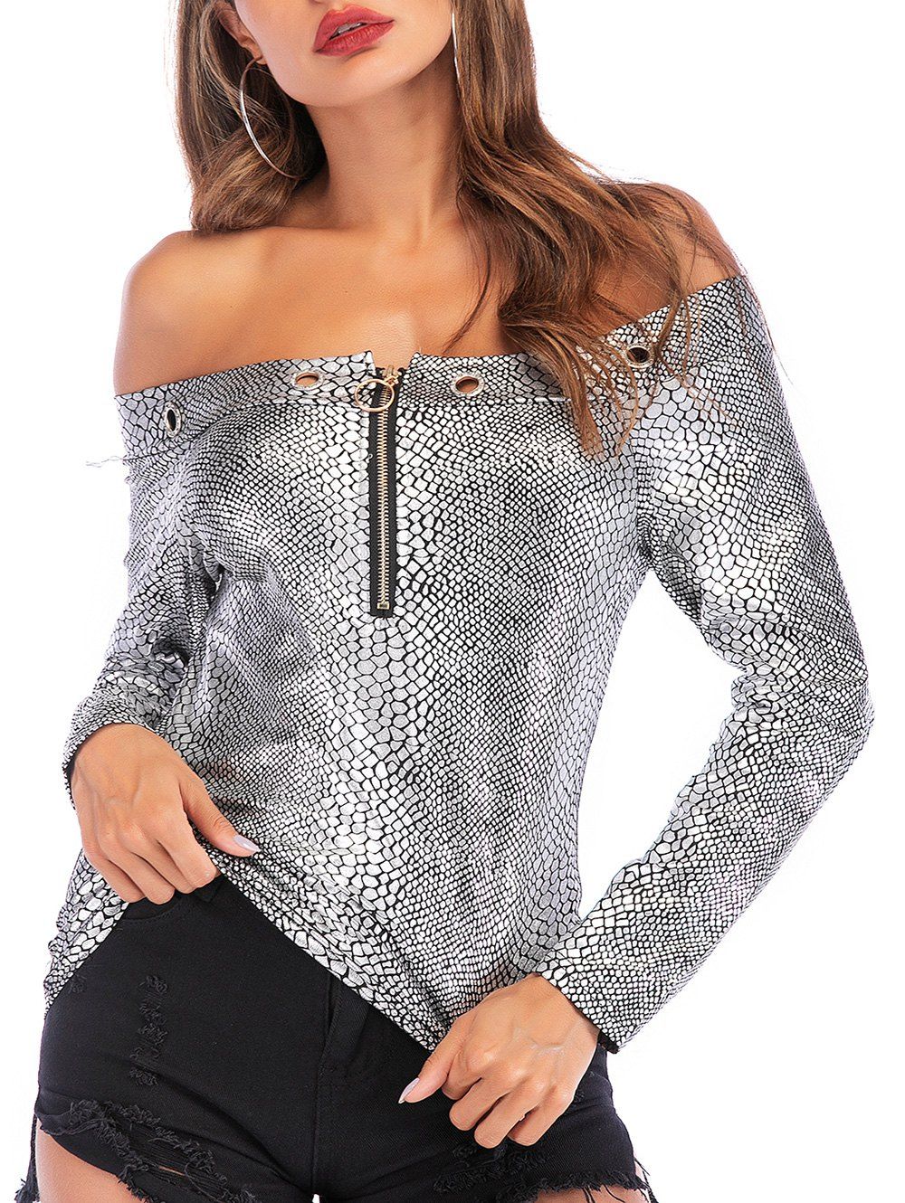 

Snake Print Off The Shoulder Grommet T-shirt, Platinum