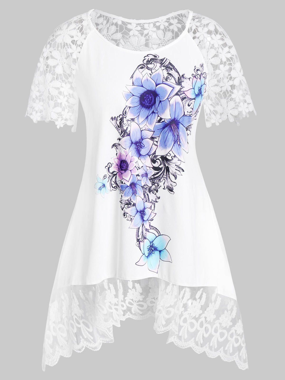 

Plus Size Flower Print Asymmetrical Crochet Panel Sheer Tee, White
