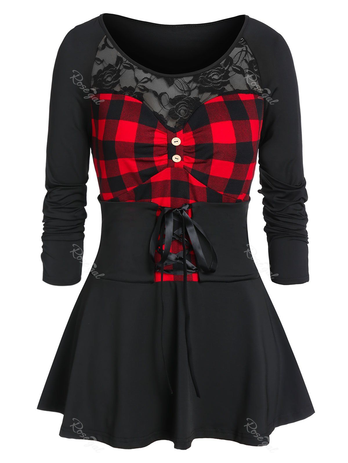 

Plus Size Button Checked Lace Insert T Shirt, Black