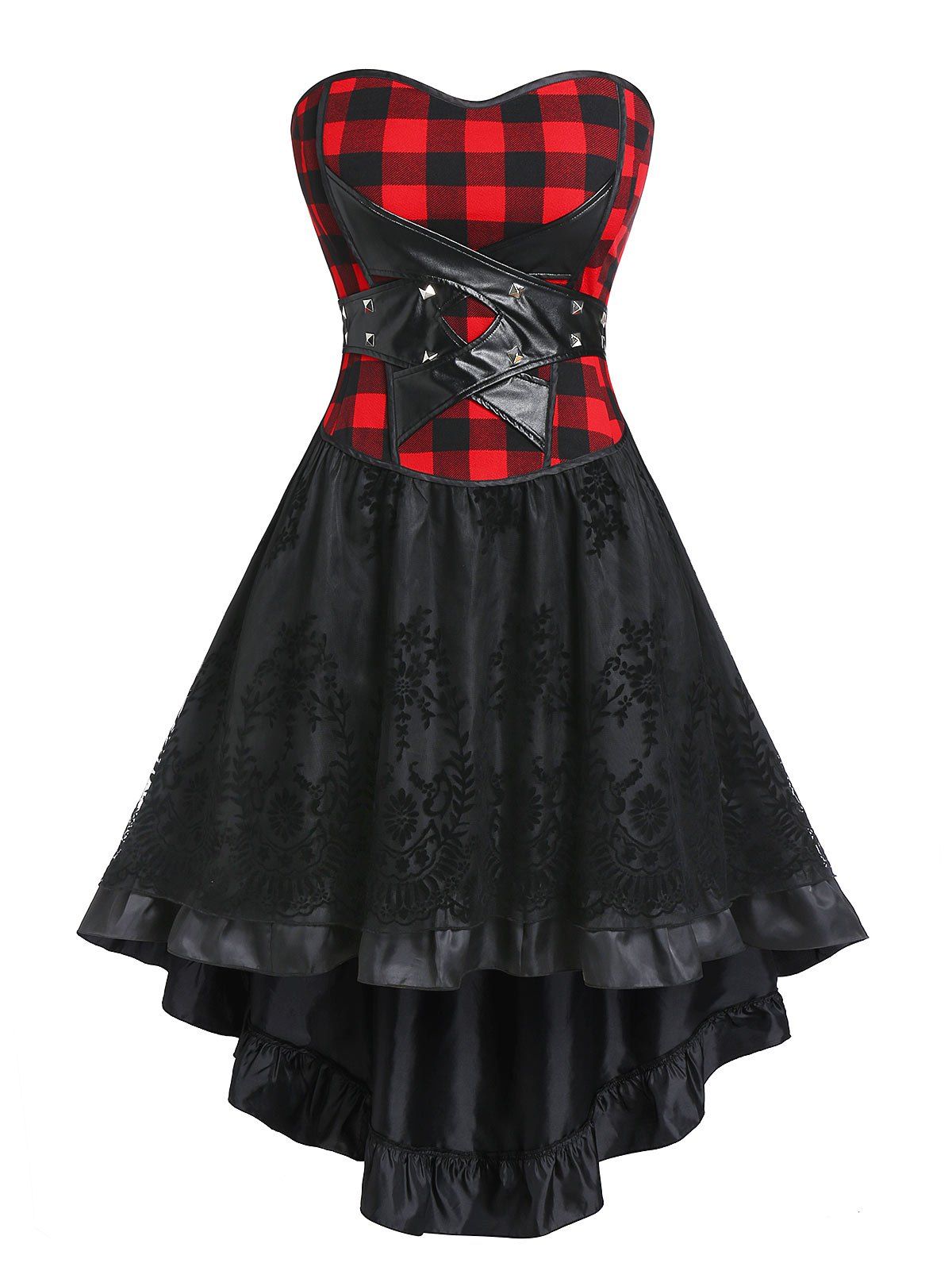 

Plus Size Plaid Panel High Waist Bandeau Vintage Dress, Black