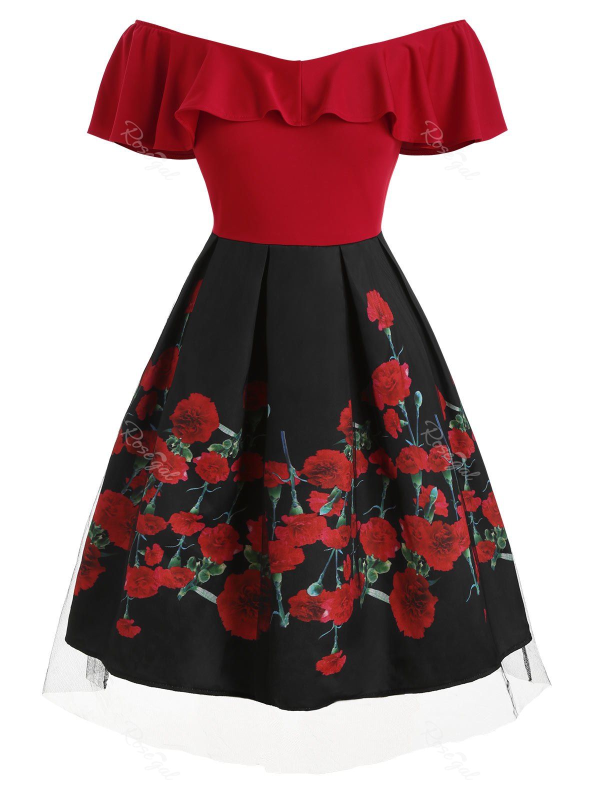 

Plus Size Floral Mesh Overlay Flounce Off Shoulder Dress, Red
