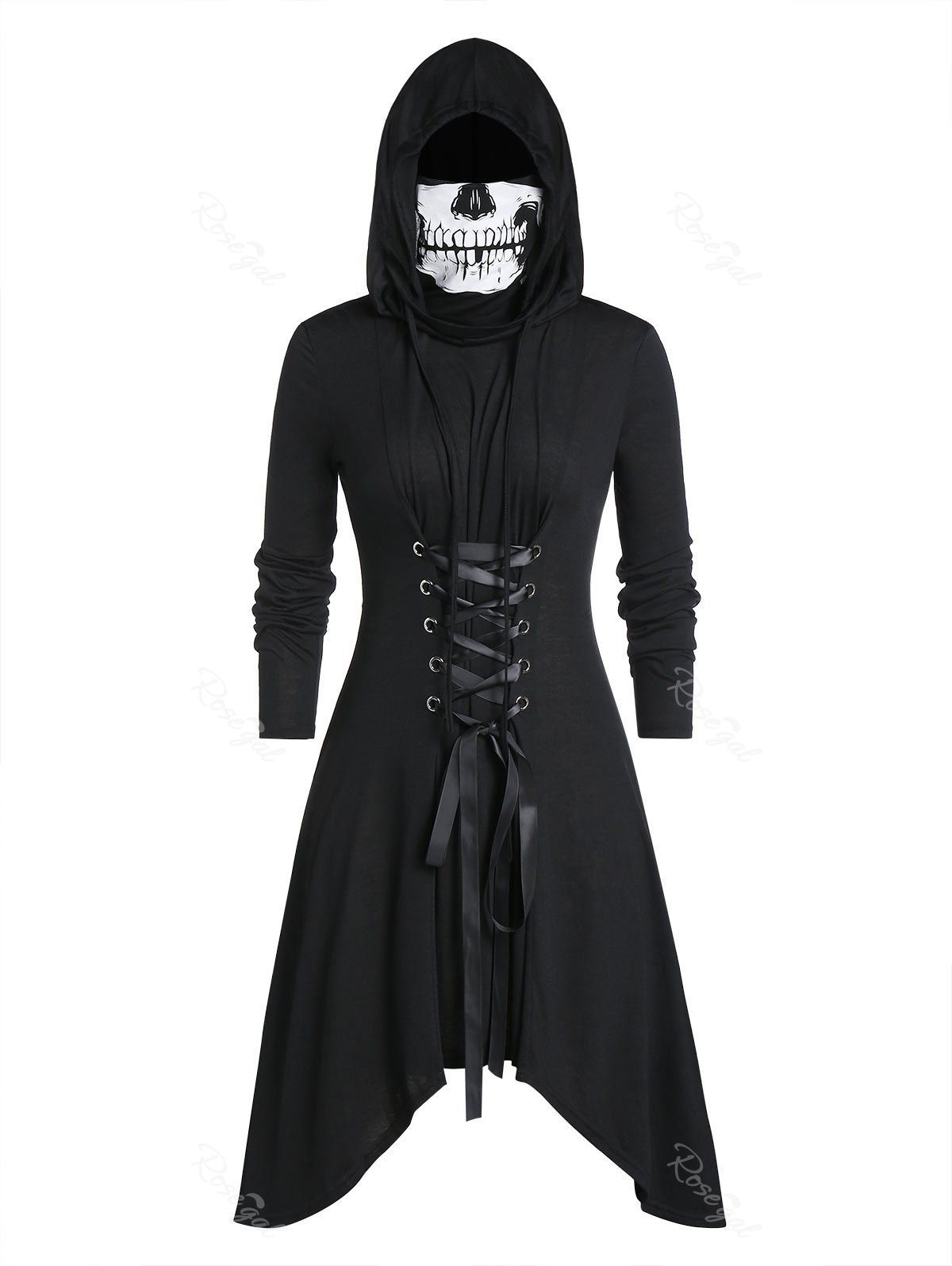 

Plus Size Lace Up Mask Skull Hooded Halloween Dress, Black