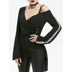 

Plunging Neck Lace Crochet Overlap Gothic T-shirt, Black
