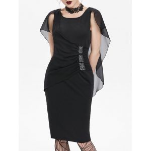 

Sequined Ruched Chiffon Insert Cape Bodycon Gothic Dress, Black