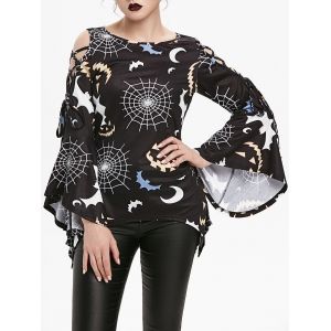 

Flare Sleeves Cobweb Bat Asymmetric Halloween Tee, Black