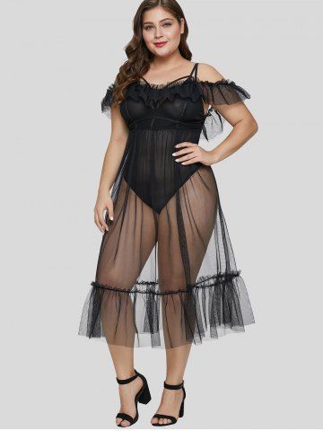 

Sheer Mesh Harness Lingerie Teddy With Tulle Nightgown, Black