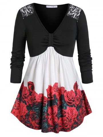 rosegal Plus Size Color Block Lace Insert Floral T-shirt