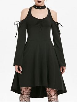 Cold Shoulder Lace-up Flare Sleeve Skater Gothic Dress - BLACK - M