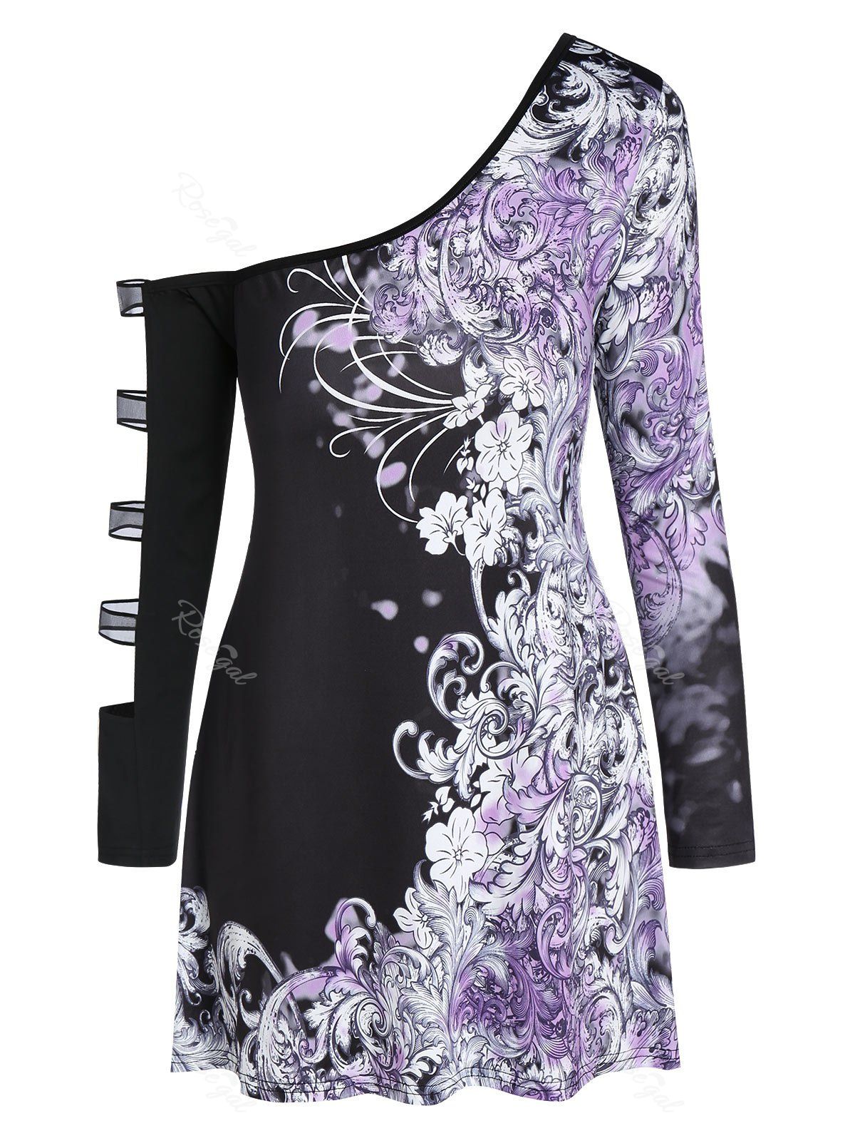 

Plus Size Floral Print Cut Out Tunic T Shirt, Black