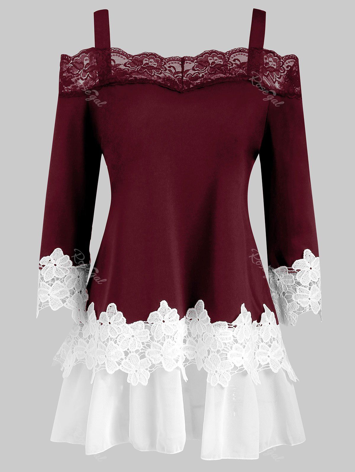 

Plus Size Open Shoulder Lace Insert Top, Red wine