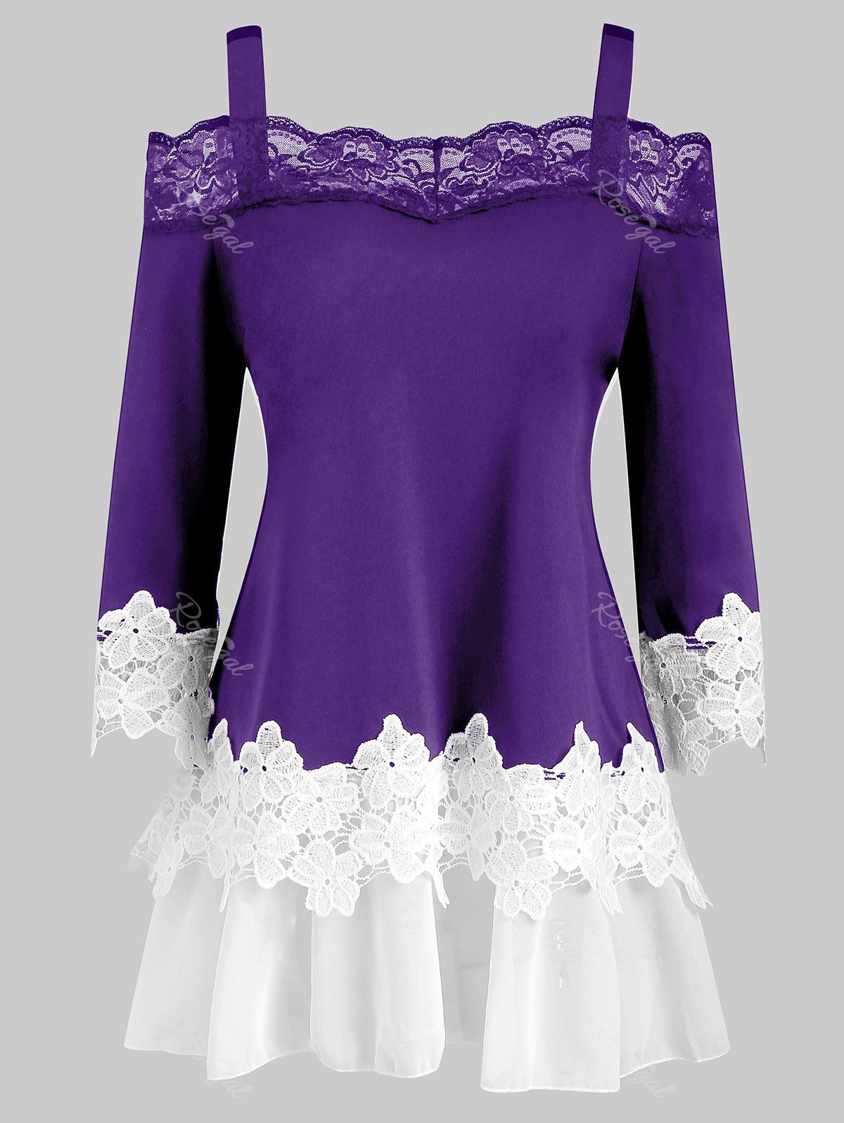 

Plus Size Open Shoulder Lace Insert Top, Purple iris